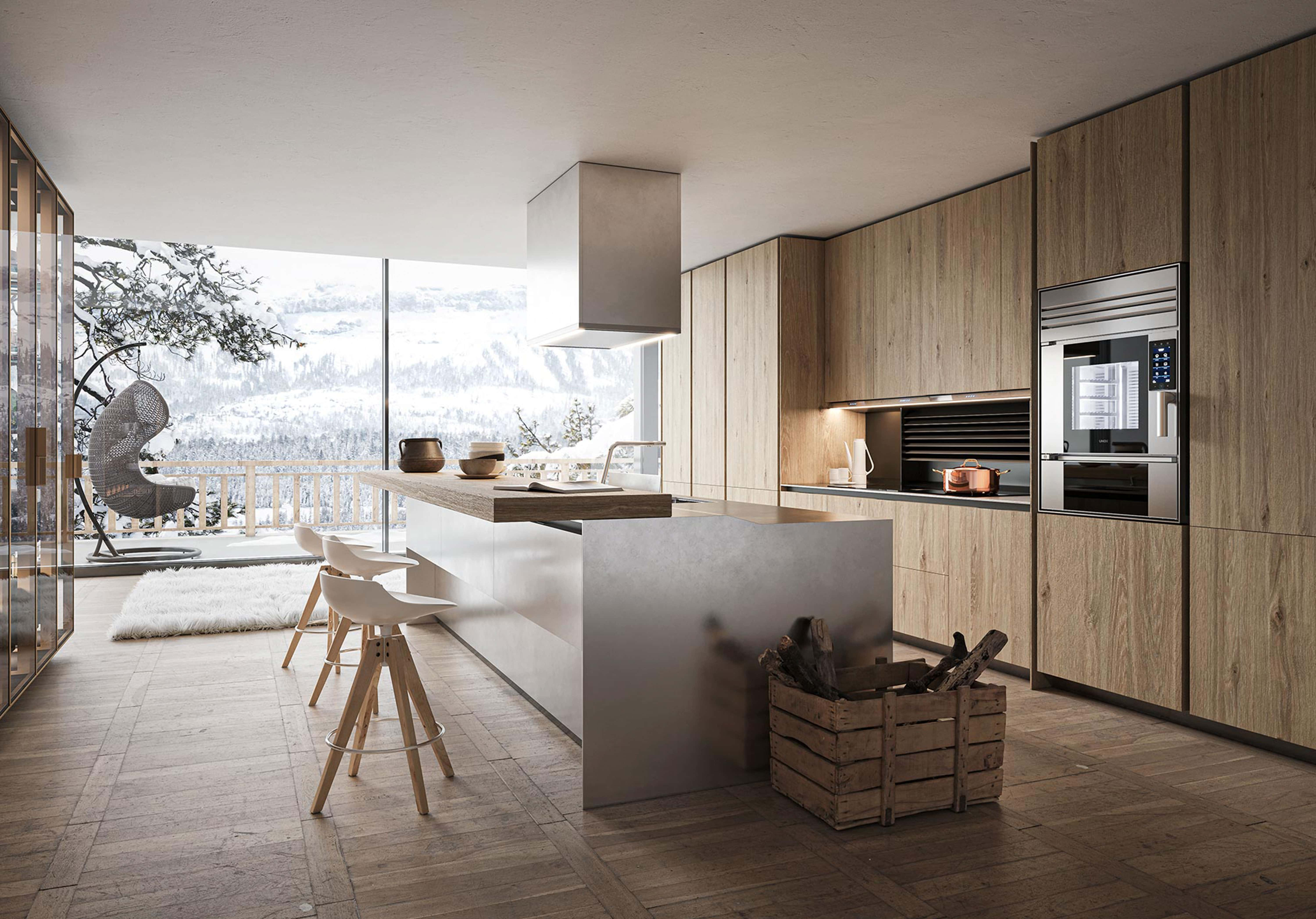 Minimalistische keuken met de smart oven van Unox Casa in een bergchalet in Cortina D'Ampezzo